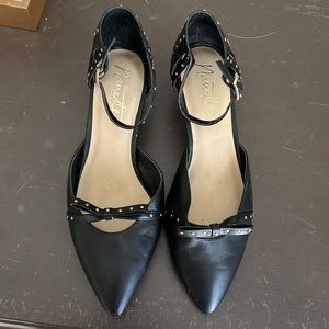 Closed tie black heel ankle strap gold accent and black bow on toe area 1” heel